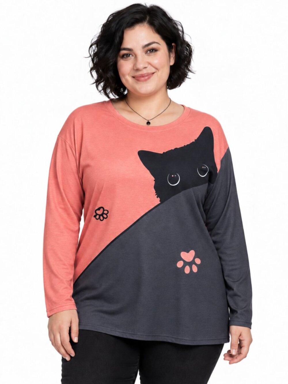 1XL Long Sleeve Cat Print Peach/Coral & Charcoal Crew Neck Top